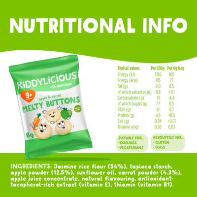 Kiddylicious Apple Carrot Melty Buttons 30g, UK version