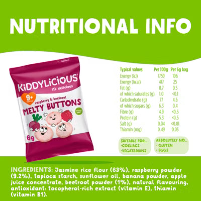 Kiddylicious raspberry beetroot melty buttons baby snack 5x6g, UK version