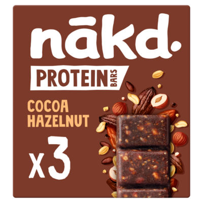 Nakd cocoa hazelnut protein bars 3 x 45g, imported from the UK