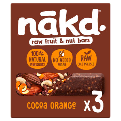 Nakd Cocoa Orange fruit and nut bars 105g, imported from the UK