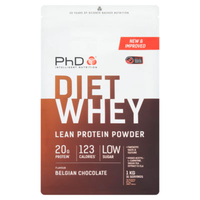 PhD Diet Whey Belgian Chocolate flavour protein powder 1kg, imported from the UK