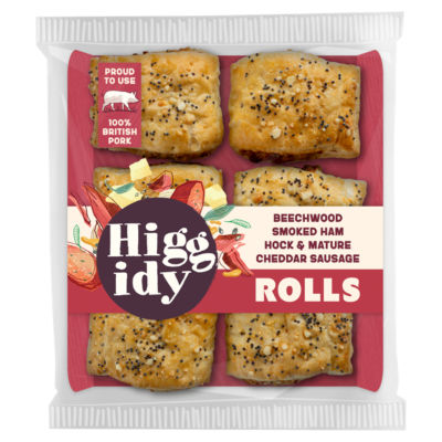 Higgidy Beechwood Smoked Ham Hock & Mature Cheddar Sausage Rolls 160g, UK version