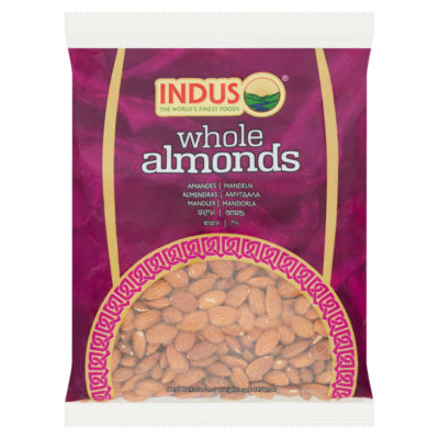 Indus whole almonds in pack form, imported from the UK.