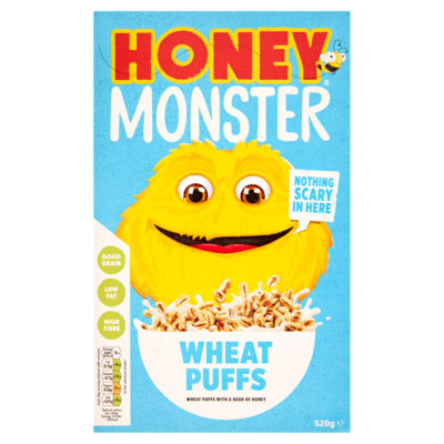 Honey Monster honey-flavoured wheat puffs breakfast cereal 520g, UK version