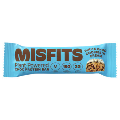 Misfits white choc protein bar cookies 'n cream, imported from the UK
