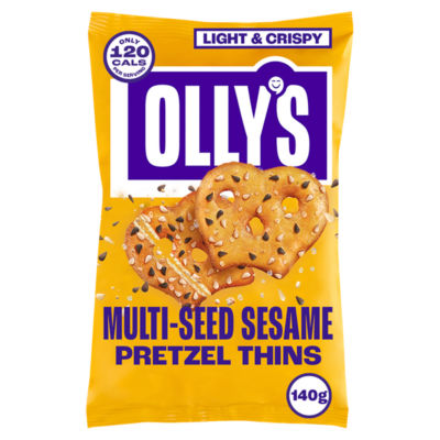 Olly's multi-seed sesame pretzel thins 140g, imported from the UK