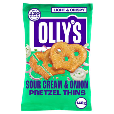 Olly's sour cream & onion pretzel thins 140g, imported from the UK