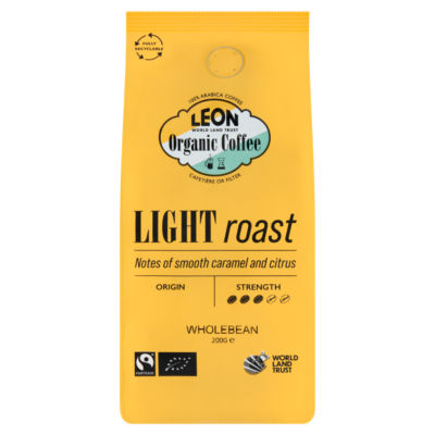 Leon organic light roast wholebean coffee 200g, UK version