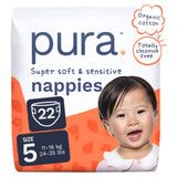 Pura Super Soft Size 5 nappies, imported from the UK