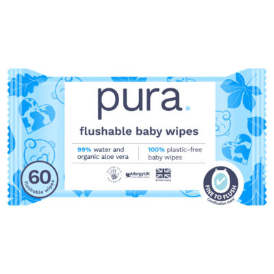 Pura 60 flushable baby wipes, imported from the UK