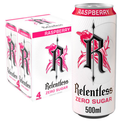 Relentless Zero Sugar Raspberry Energy Drink 4x500ml, imported from the UK