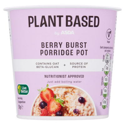 ASDA Plant Based Berry Burst Porridge Pot 57g, imported from the UK