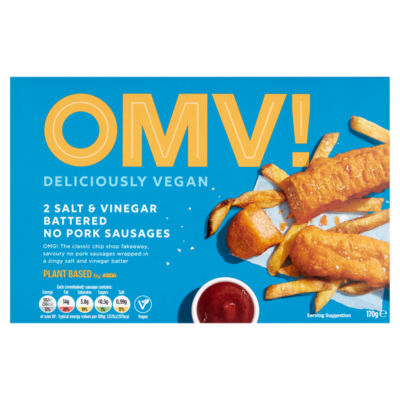 OMV! salt and vinegar battered vegan sausages 170g, imported from the UK