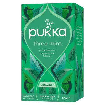 Pukka Three Mint Organic Herbal Tea Bags 32g, imported from the UK