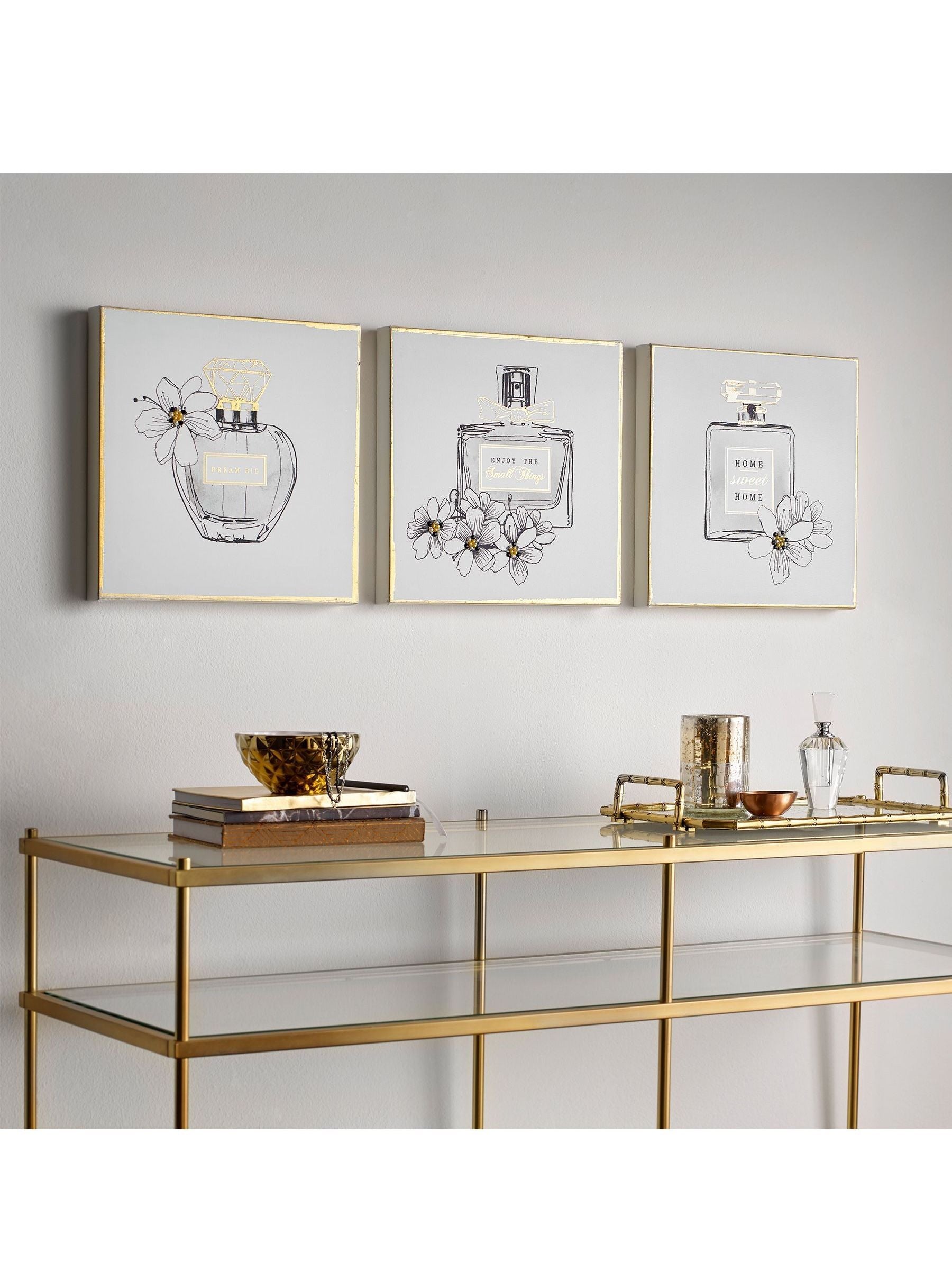 Set of three white perfume bottle canvas art prints 30x30x3cm - British product
