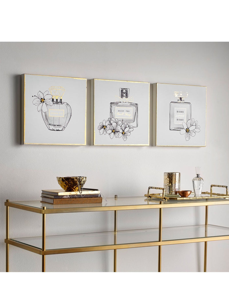 Set of three white perfume bottle canvas art prints 30x30x3cm - British product