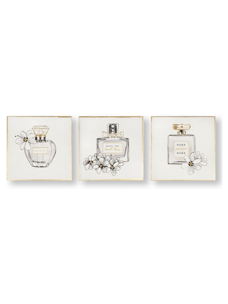 Set of three white perfume bottle canvas art prints 30x30x3cm - British product