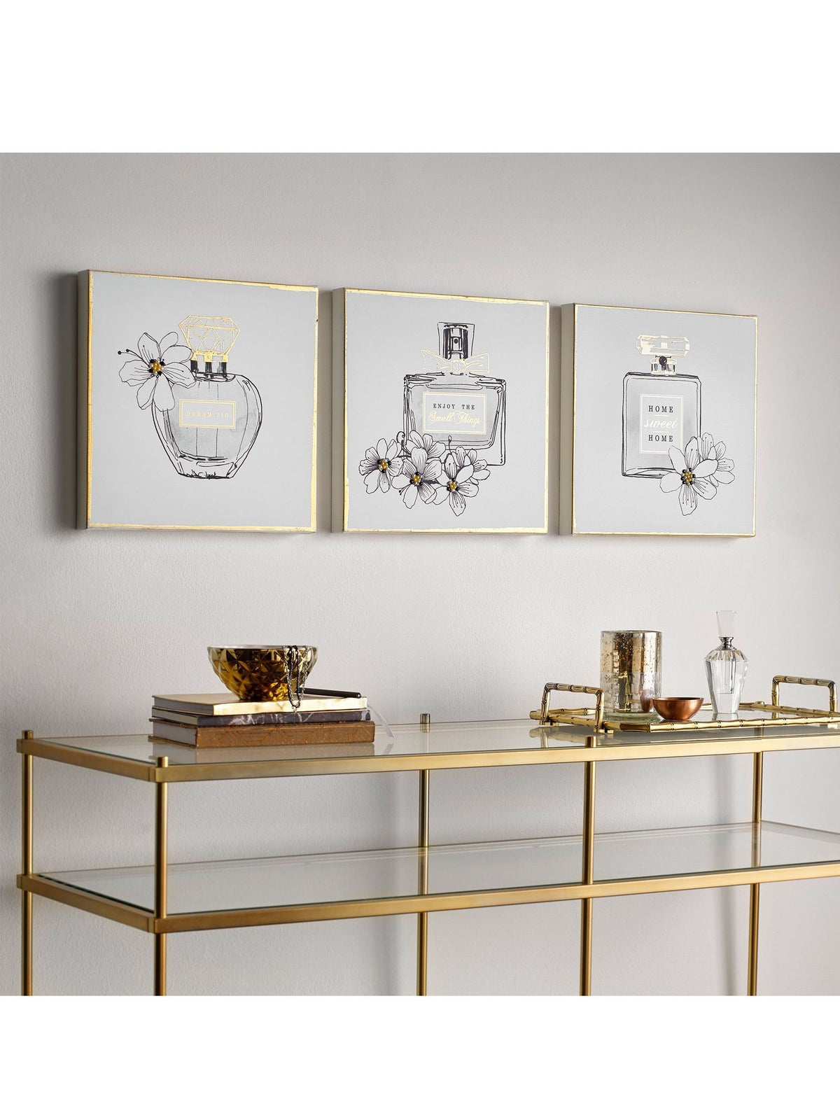 Set of three white perfume bottle canvas art prints 30x30x3cm - British product