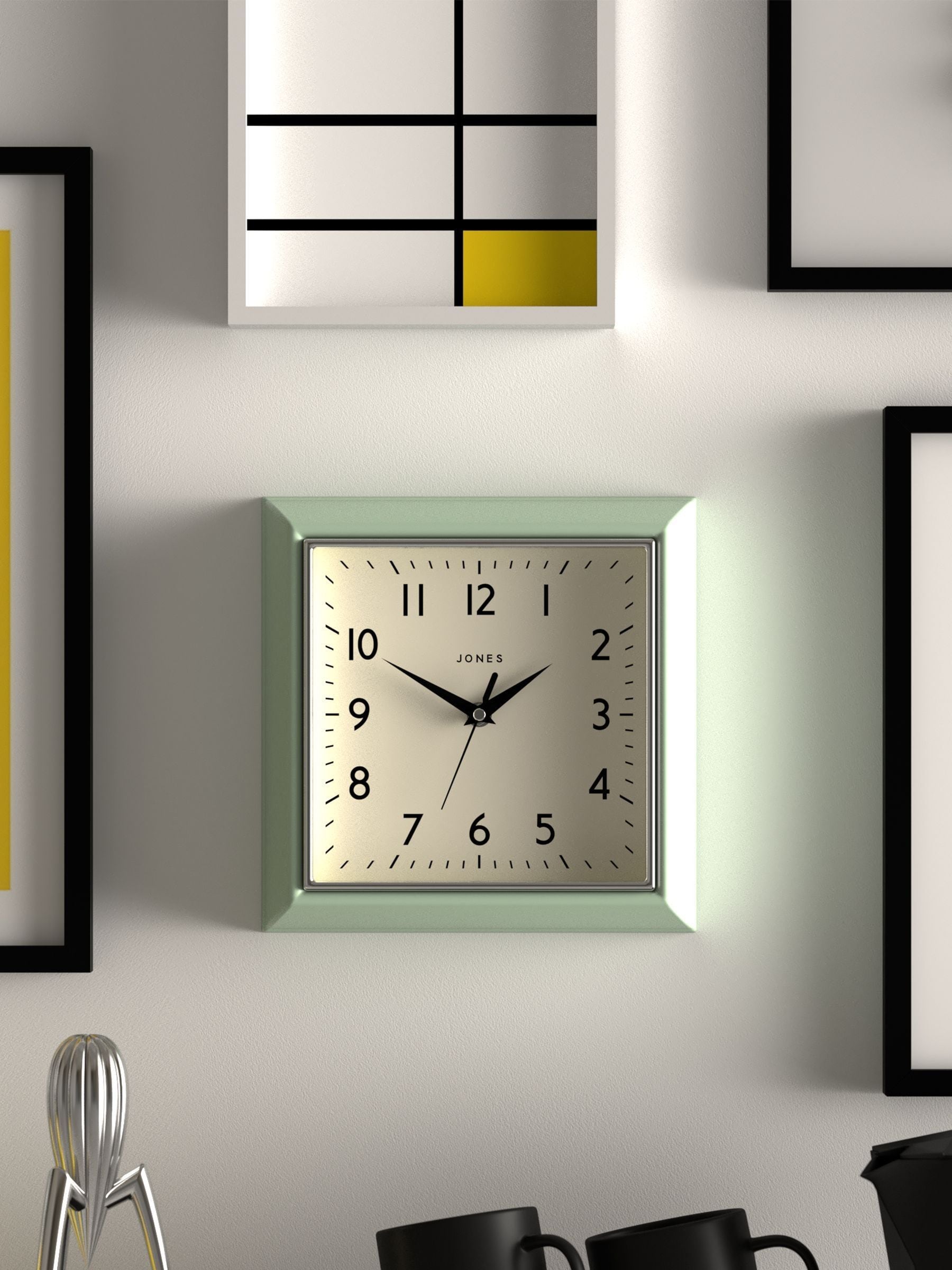 Jones Clocks green retro square wall clock, UK version
