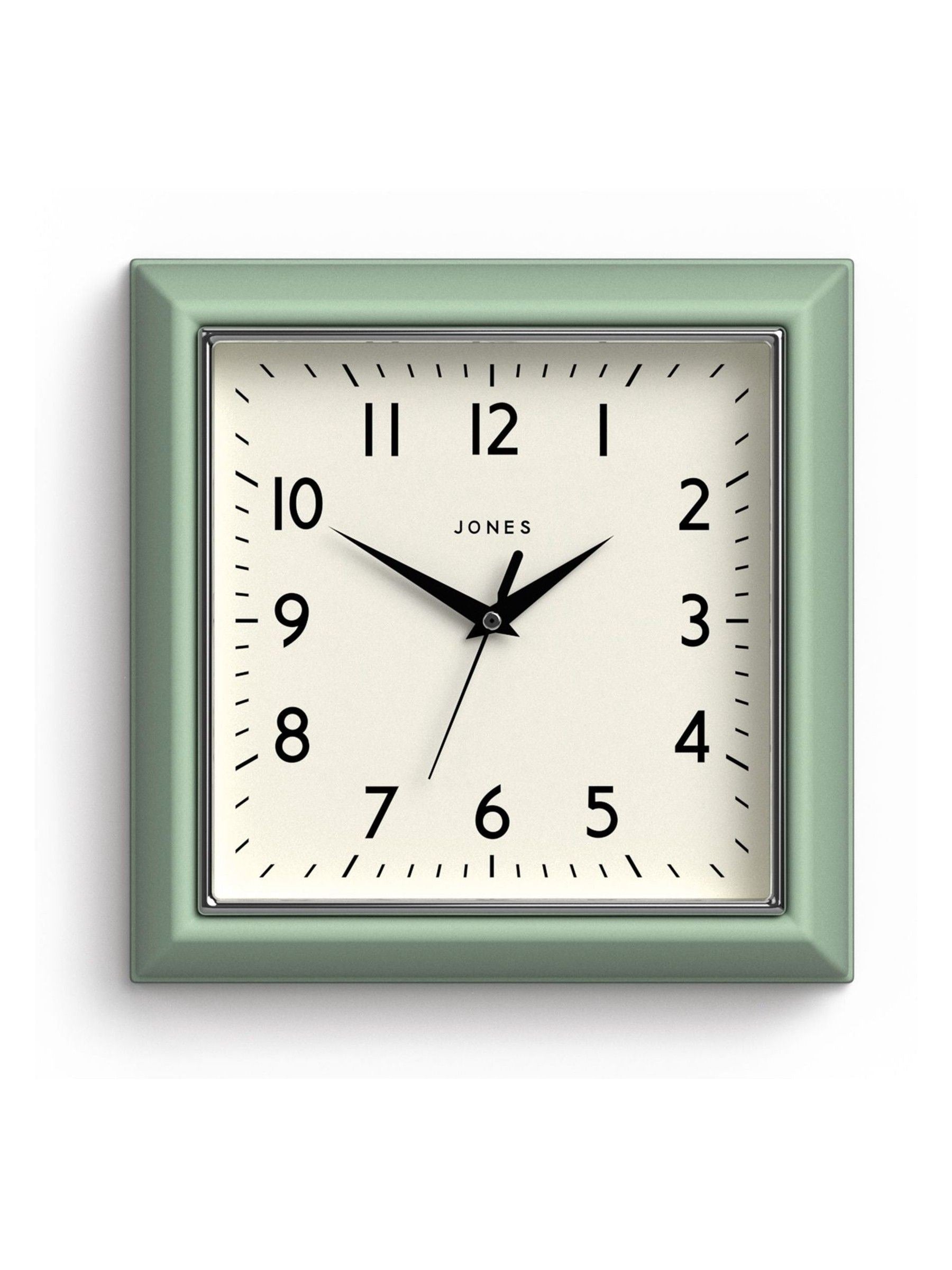 Jones Clocks green retro square wall clock, UK version