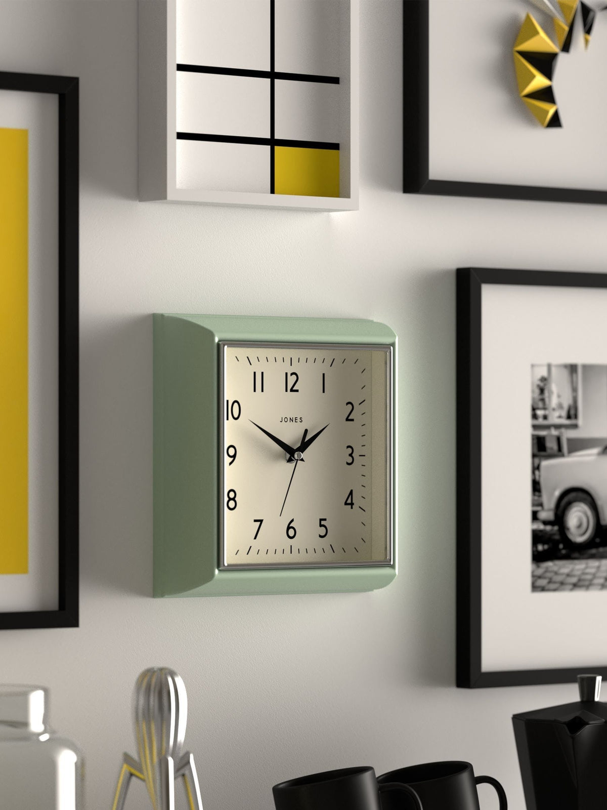 Jones Clocks green retro square wall clock, UK version