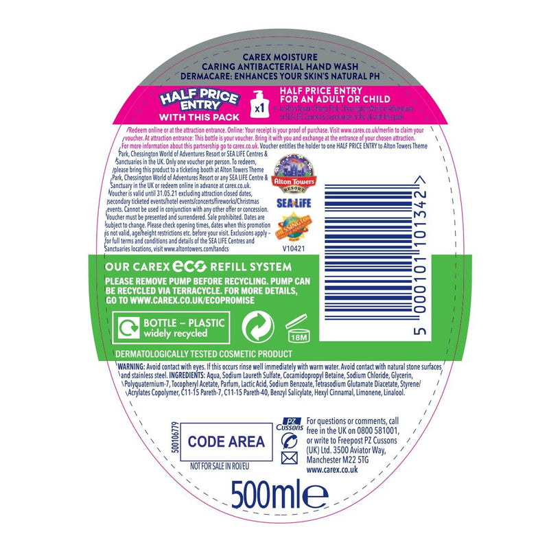 Carex antibacterial liquid hand wash 6 x 500ml - British product