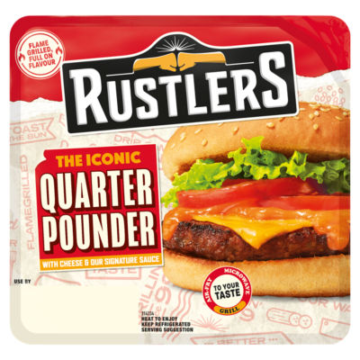 Rustlers Quarter Pounder beef burger with cheese 190g, imported from the UK