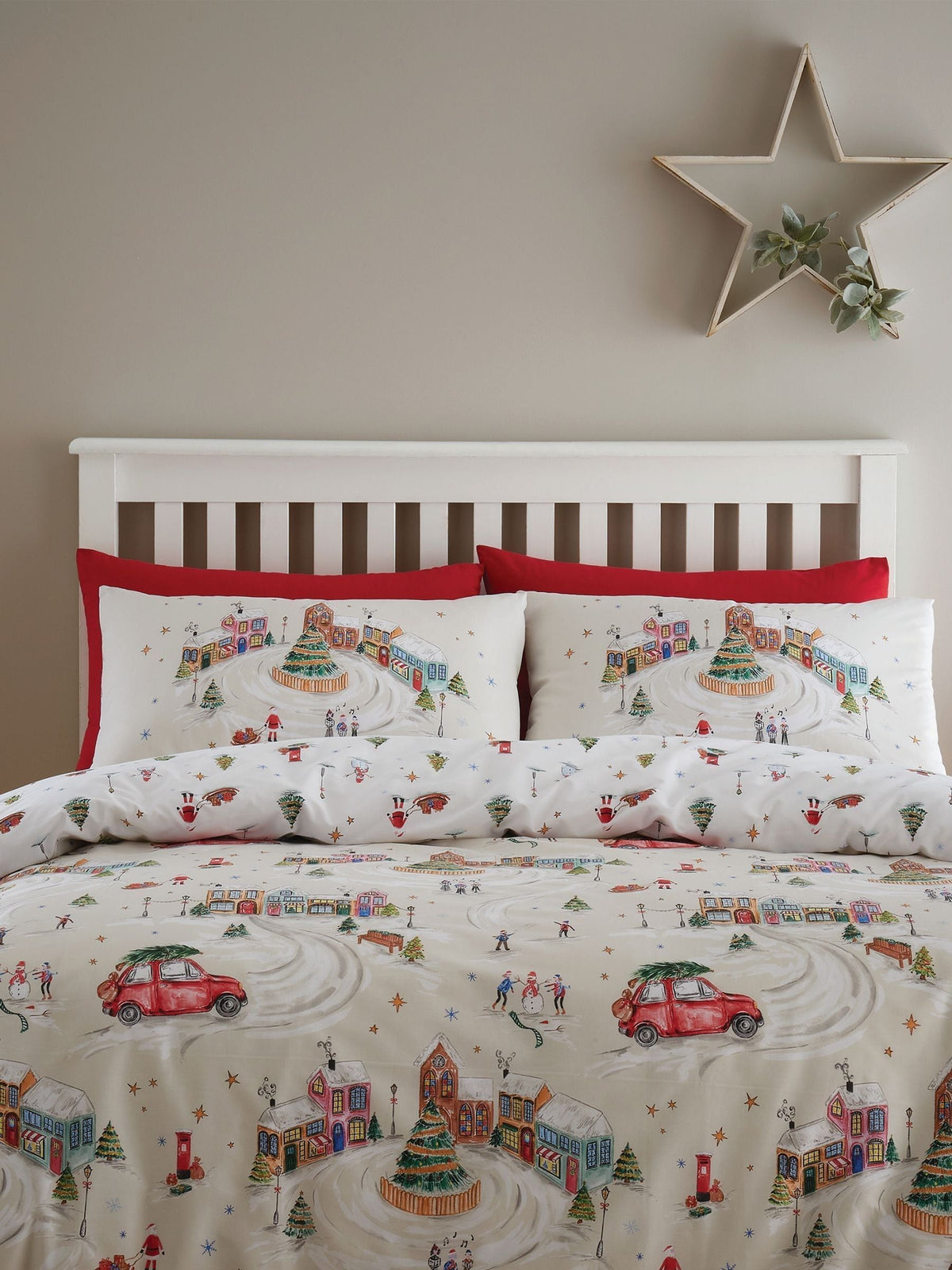 Catherine Lansfield Natural Christmas Town reversible duvet cover set - British product