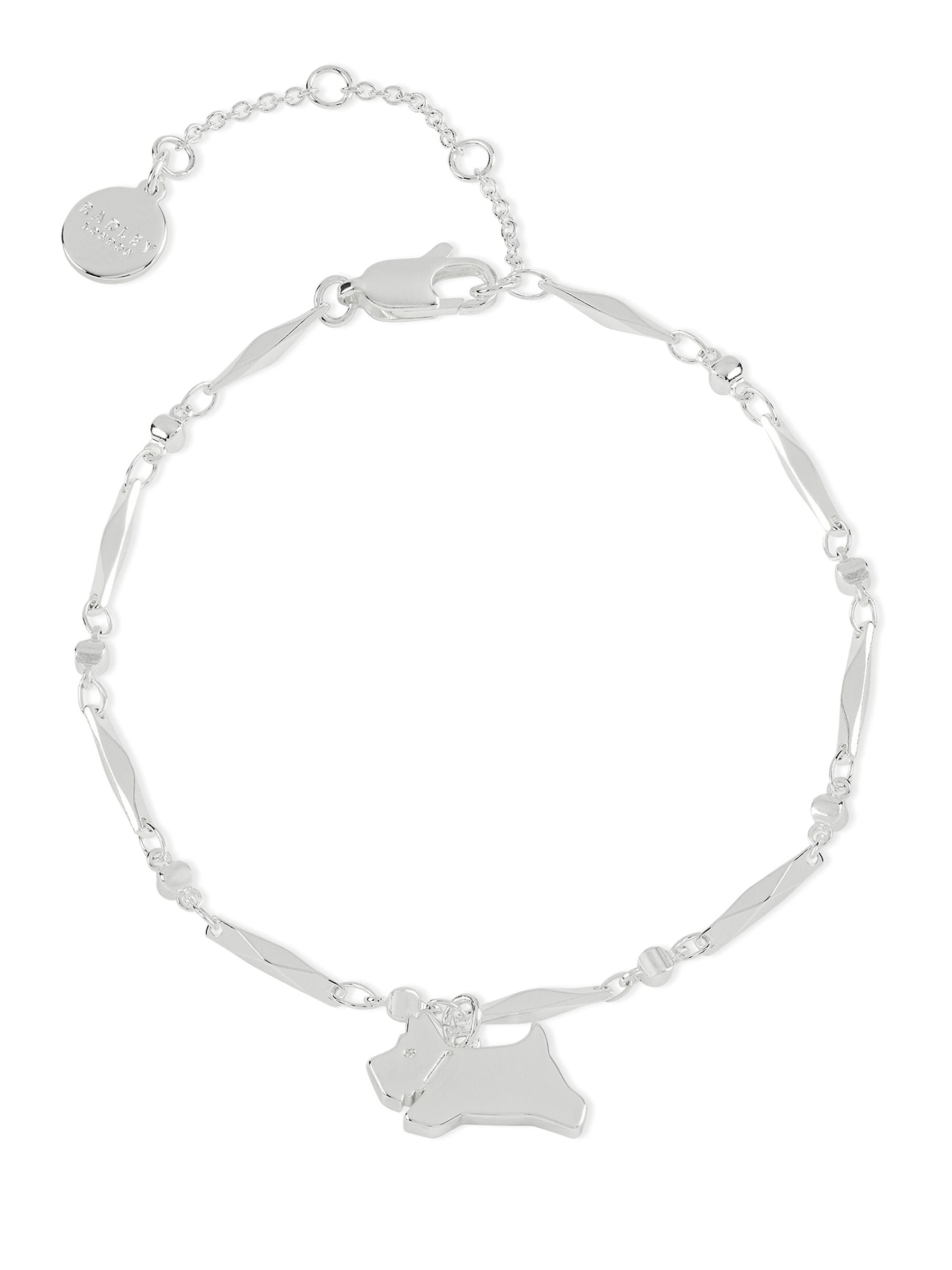 Radley ladies silver tone jumping dog charm bracelet, imported from the UK