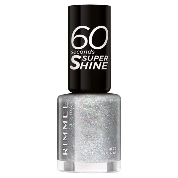 Rimmel 60 Seconds Glitter Nail Polish Silver, imported from the UK
