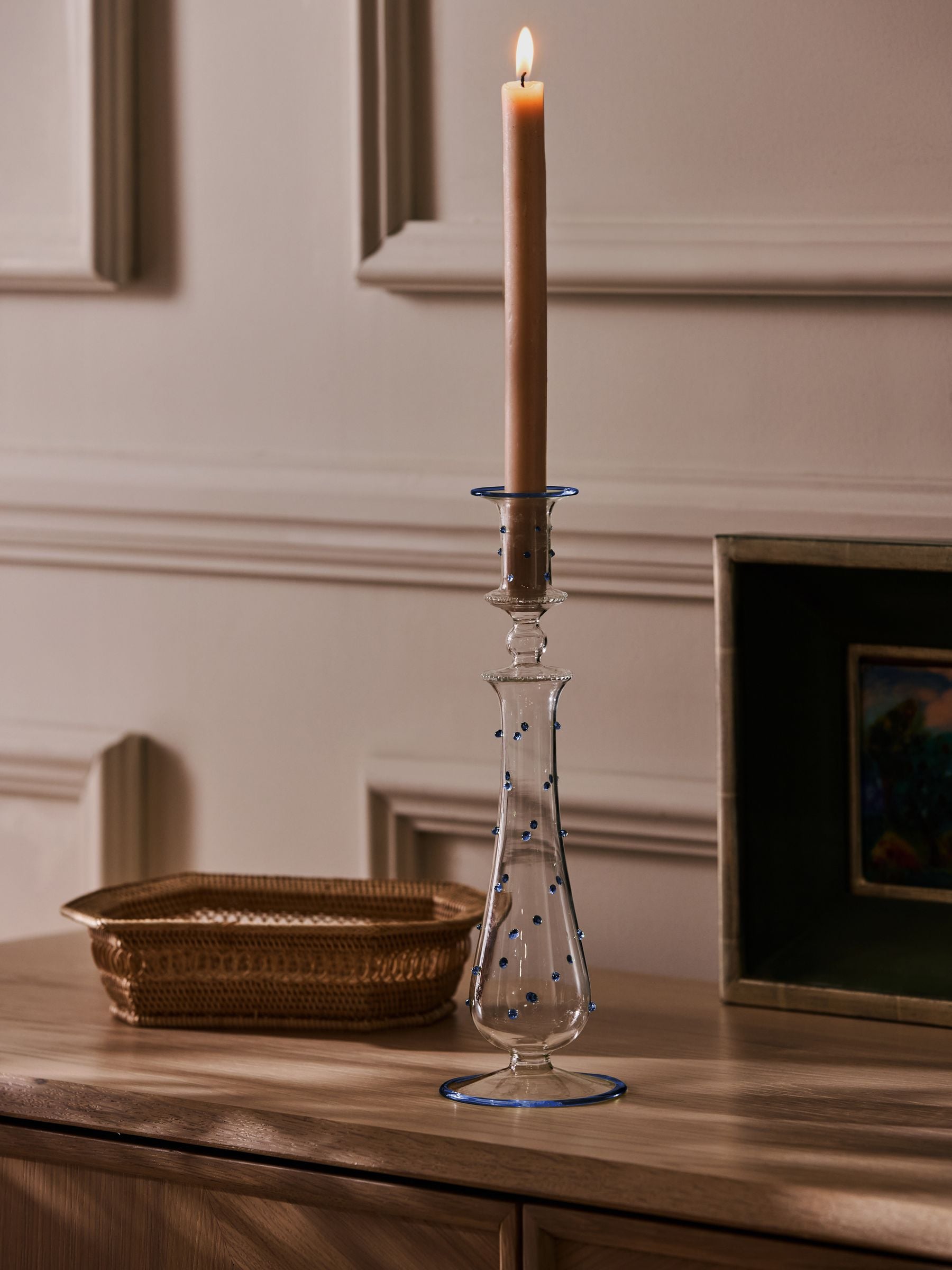 Nina Campbell blue dotty glass candle holder, imported from the UK