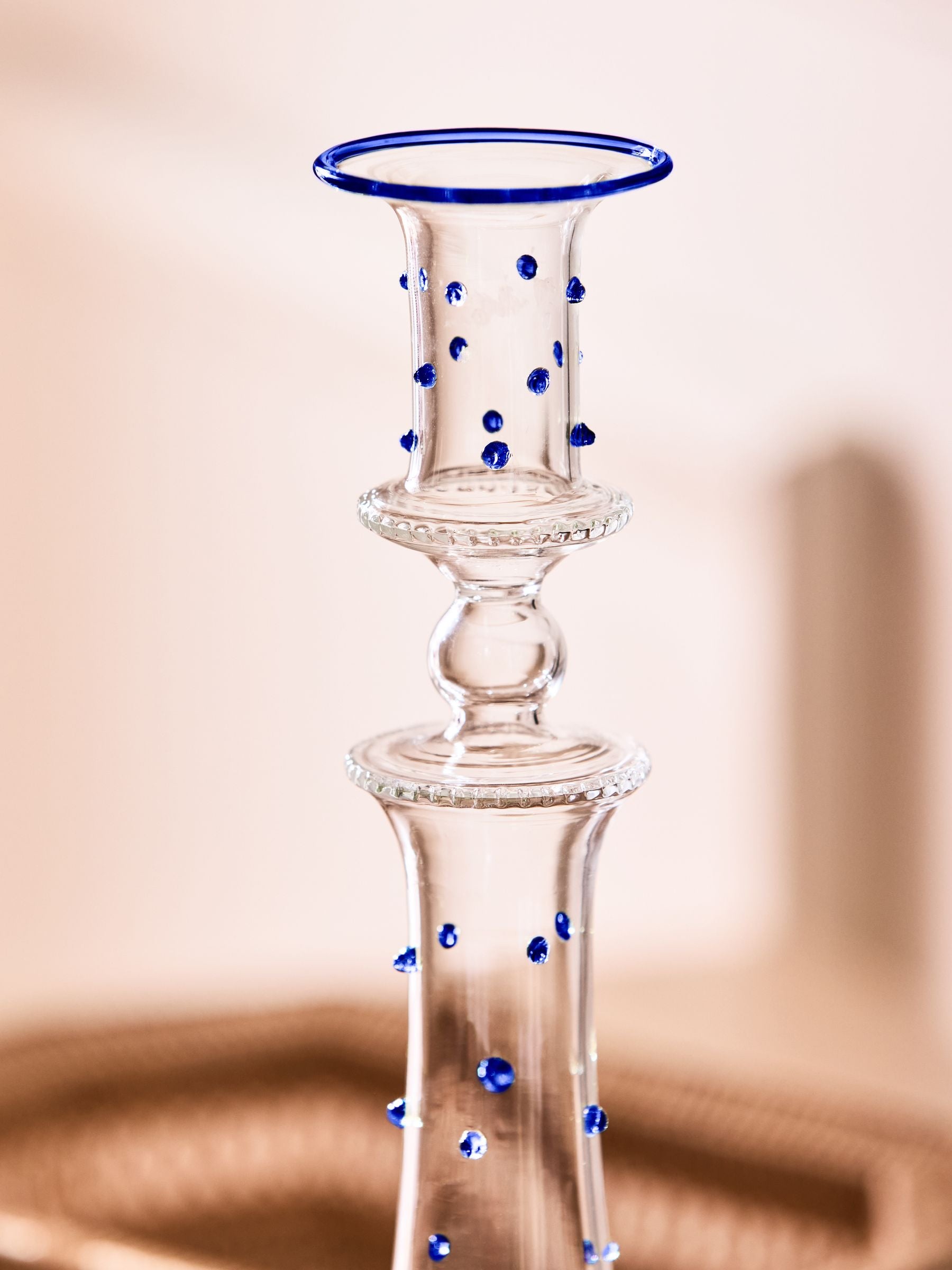 Nina Campbell blue dotty glass candle holder, imported from the UK