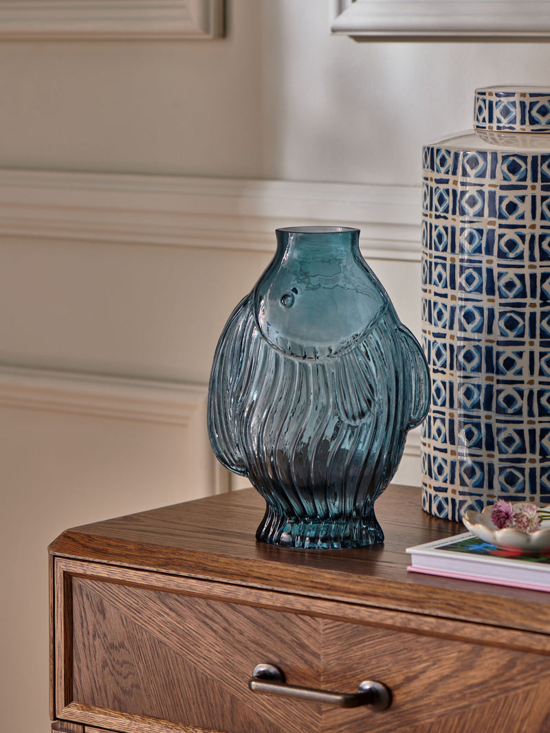 Nina Campbell blue coastal glass fish vase, imported from the UK