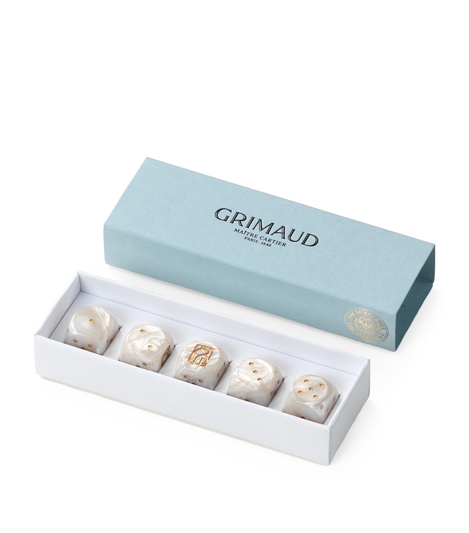 Set of 5 White Resin Dice with Golden Pips and Metallic-Liquid Finish