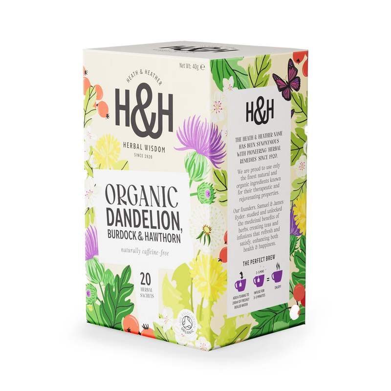 Heath & Heather tea bags dandelion burdock hawthorn 20 count, UK version