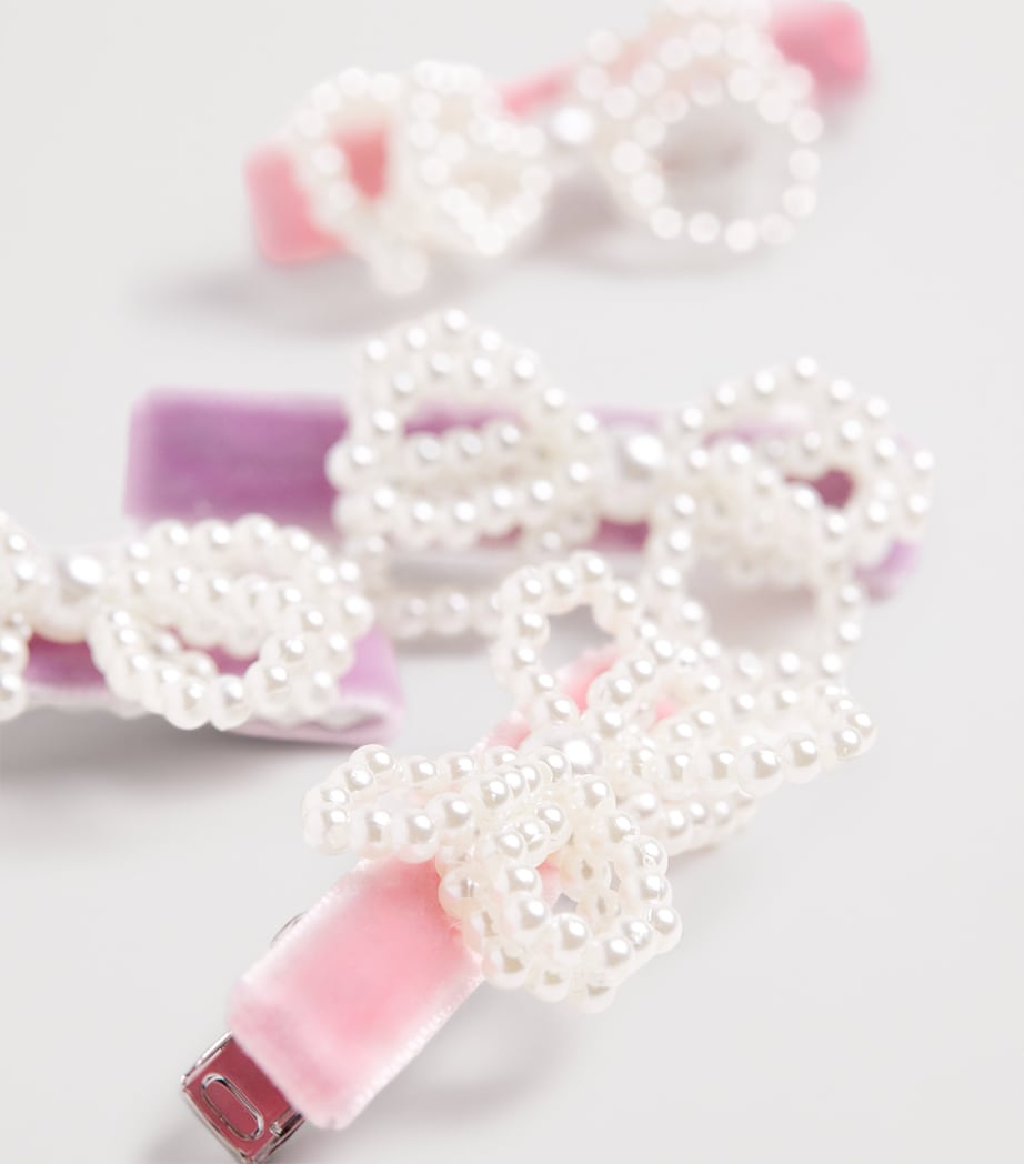 Self-Portrait Kids Velvet Pearl Bow Hairclips (Set of 4)