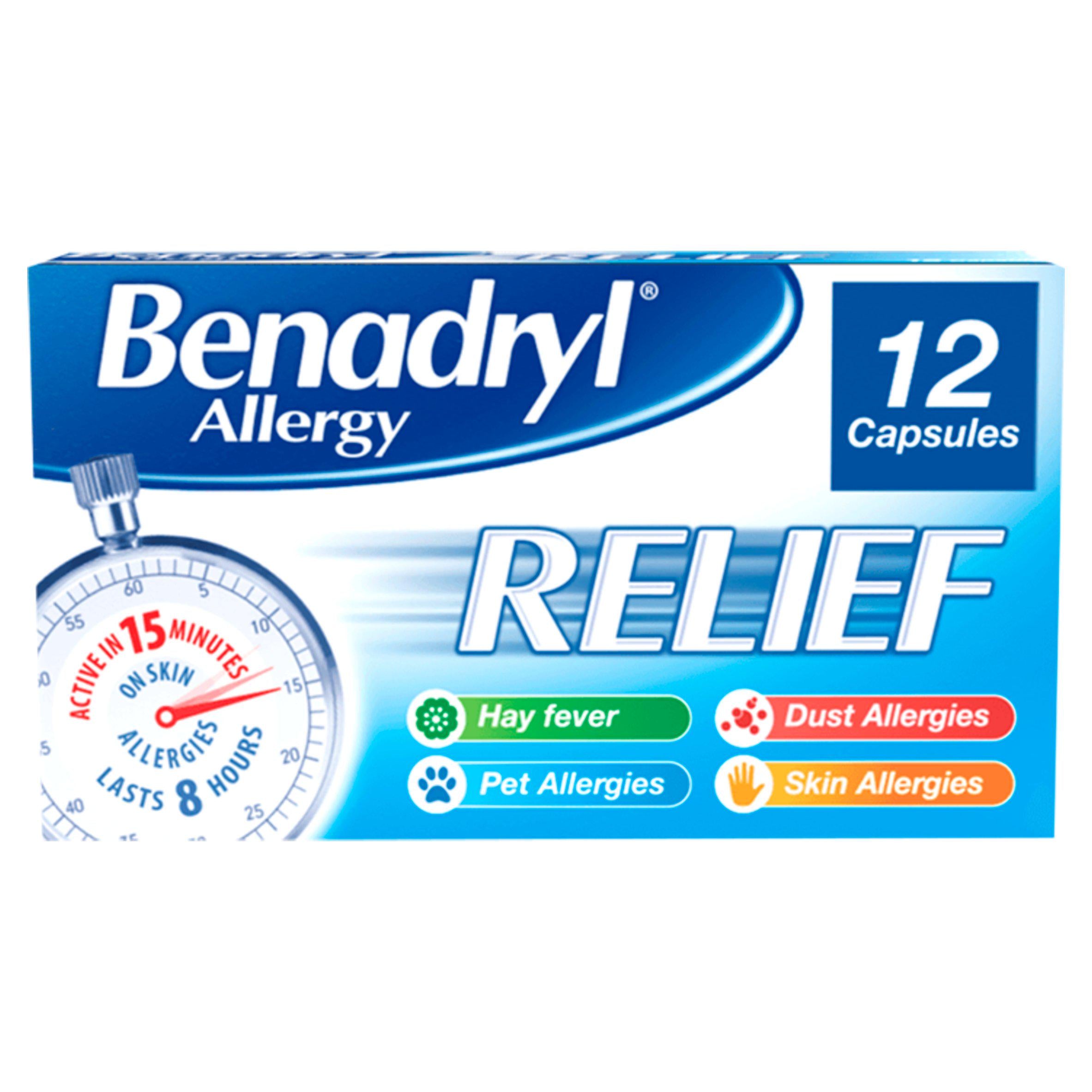Benadryl Allergy Relief Capsules Fast Acting Antihistamine Capsules x12 - McGrocer