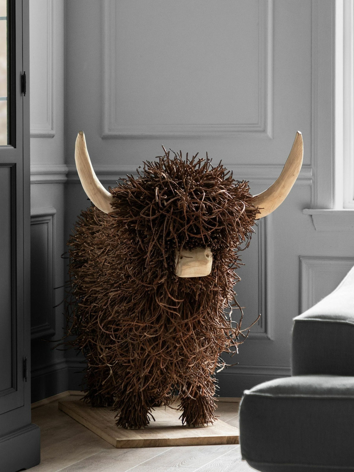 Large brown highland cow willow wooden sculpture (British brand)