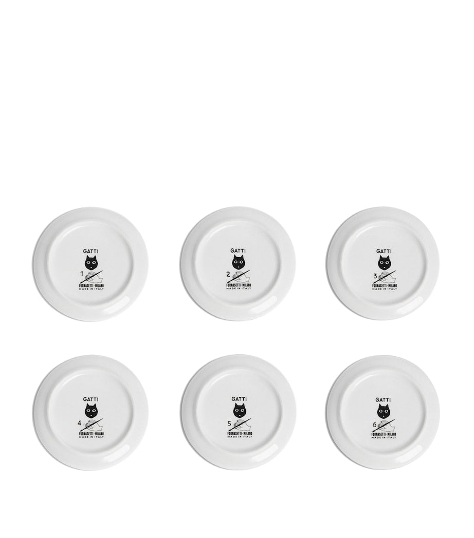 Fornasetti set of 6 porcelain trinket trays with feline figures, 10cm diameter - British product