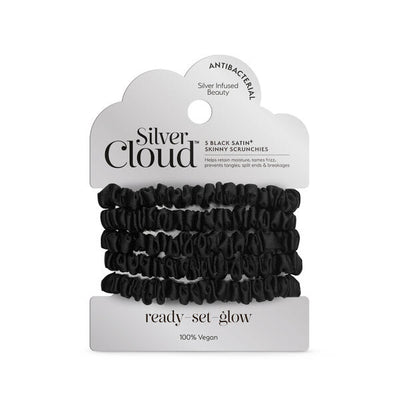 Silver Cloud Skinny Scrunchies Black Satin Hair Ties 5 Pack