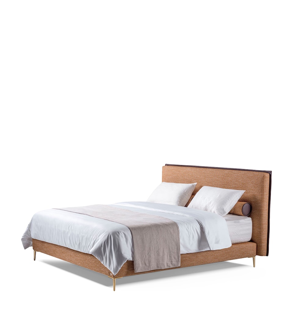 Minimalist Upholstered Bed with Adjustable Headboard and Walnut Wood Feet 240cm Wide