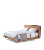 Solid Wood Bed Frame with Brass Inserts and Upholstered Headboard, Approx. 130x214x300cm