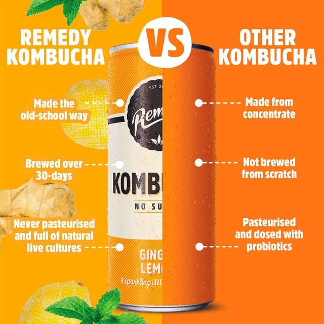 Remedy ginger lemon kombucha 250ml, imported from the UK