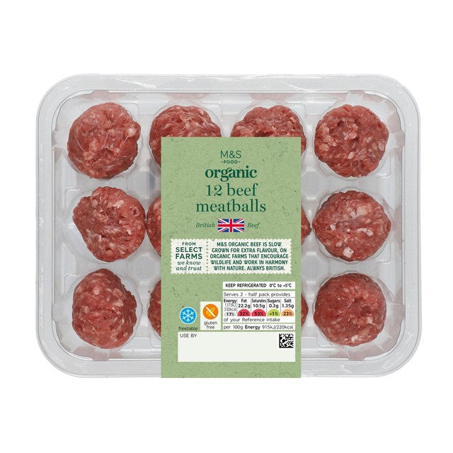 M&S organic British beef meatballs 300g, imported from the UK