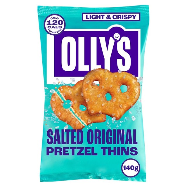 Olly's Olives pretzel thins original salted 140g, imported from the UK