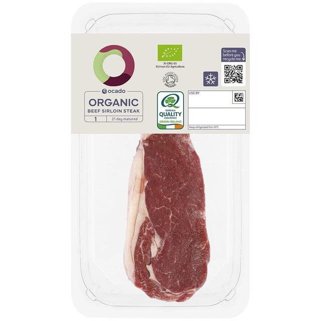 Ocado organic beef sirloin steak 225g, imported from the UK
