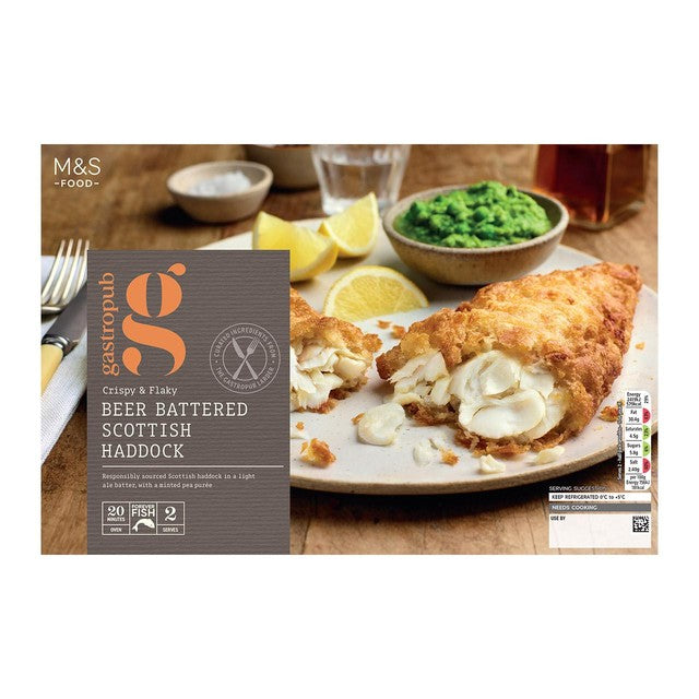 M&S Gastropub battered fish and peas ready meal 640g, imported from the UK