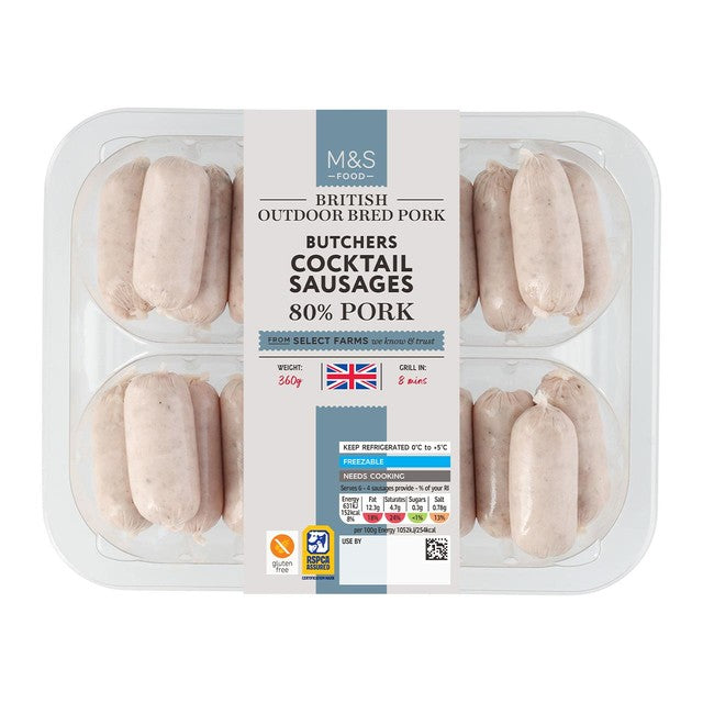 M&S gluten-free pork cocktail sausages 360g, imported from the UK