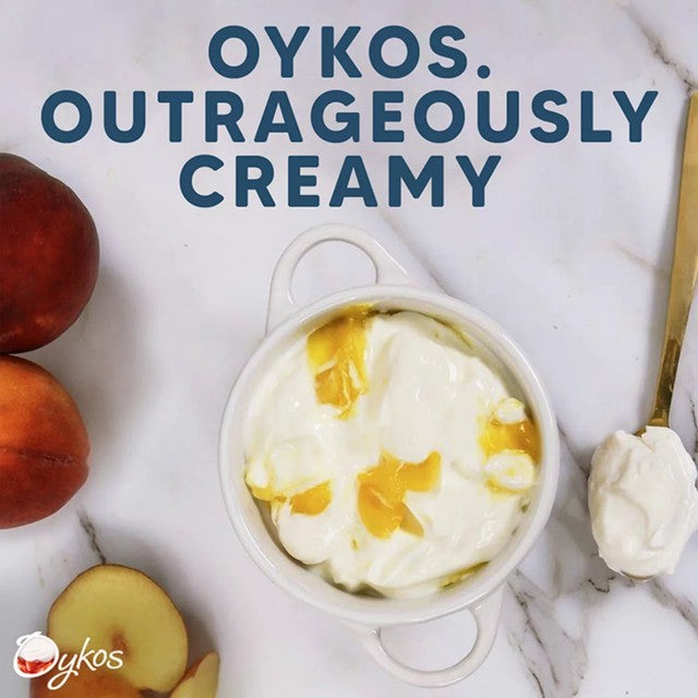 Oykos Peach Luxury Greek Style Yoghurt 4x110g, imported from the UK