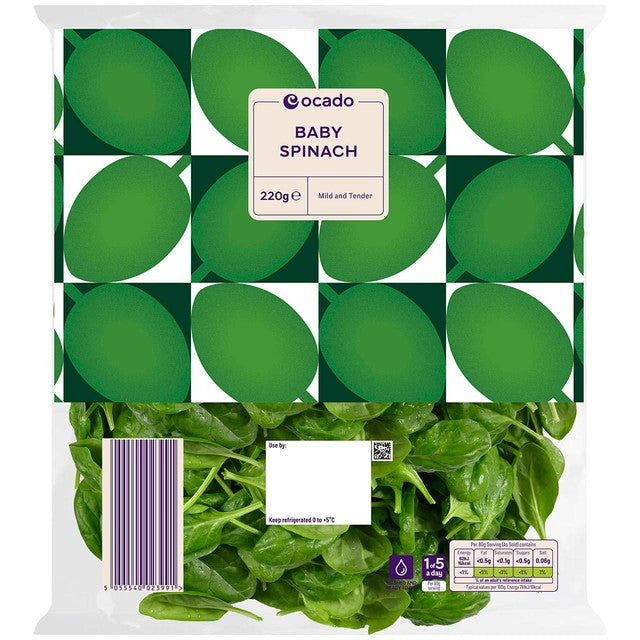 Ocado washed baby spinach 220g, imported from the UK